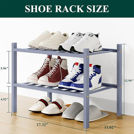Smiry Small Bamboo Shoe Rack, 2 Tier Free Standing Wooden Shoe Organizer, Stackable Wood Shoe Storage Shelf for Closet, Entryway, 12 Vertical Slats, One-piece Standard Legs, 17.3"x11"x13", Grey