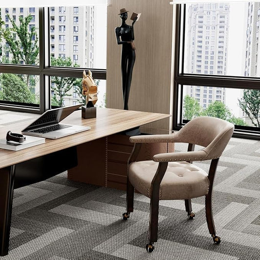 LEEMTORIG Dining Chairs with Casters and Arms, Rolling Dining Chairs with Wheels for Elderly, Ergonomic Wide Seat Wooden Office Desk Chair, 26" Dx25.2 W, Espresso Legs&Yellow Brown Fabric SY-318-LT