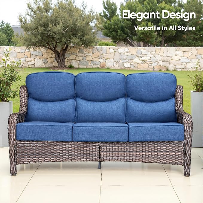 Luxury Patio Sofa 3-Seat Wicker Couch with 6" Thick Cushion - Outdoor Furniture Rattan Sofa with Deep Seating High Back Outdoor Sofa for Patio Garden Balcony Sunroom Backyard, Brown | Blue