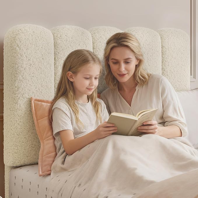 GarveeHome Twin Bed Frame, Upholstered Platform Bed with Wave Headboard for Girls/Kids, Easy Assembly, Wooden Slats Support, No Box Spring Needed, Boucle Beige