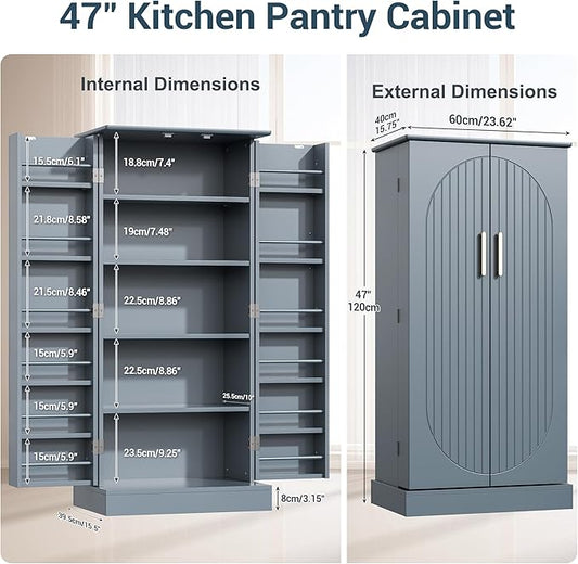 kepptory 47" Kitchen Pantry Cabinet with Doors and Adjustable Shelves, Freestanding Pantry Storage Cabinet, Farmhouse Buffet Cupboard for Kitchen, Dining Room, Living Room, Grey