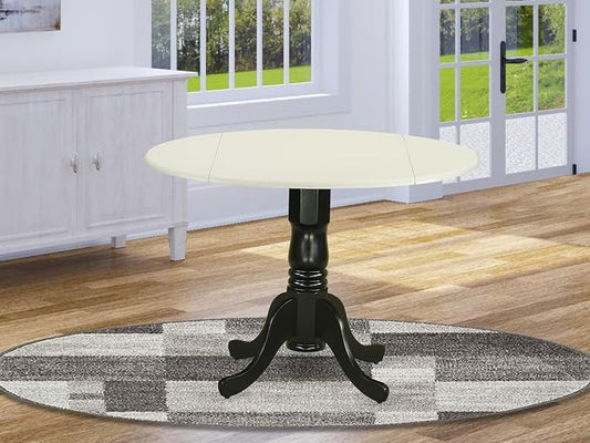 East West Furniture DLT-LBK-TP Dublin Kitchen Table - a Round Dining Table Top with Dropleaf & Pedestal Base, 42x42 Inch, Linen White & Black