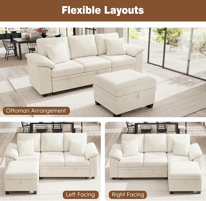 Ihanherry 86" Modular Sectional Sofa with Pull Out Bed, 4-Seater L Shaped Sectional Sleeper Couch with Storage Ottoman, Chenille Convertible Couches for Living Room, Apartment (Beige)