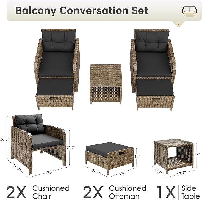 LHBcraft 5 Piece Outdoor Furniture Set, PE Rattan Balcony Furniture with Soft Cushions, Patio Set 2 Ottoman & Table for Porch, Lawn, Garden, Black