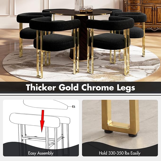 Hyfirm Set of 2 Modern Black Boucle Dining Chairs with Gold Metal Legs, Mid Century Accent Upholstered Barrel Armchairs with Open-Back for Kitchen, Dining Room, Living Room, Apartment
