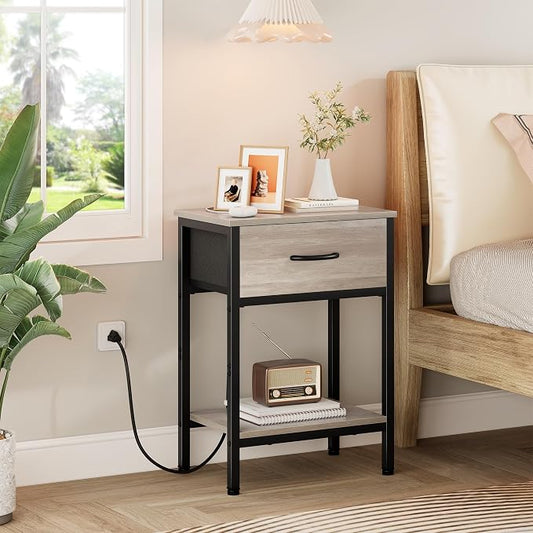 Vagusicc Nightstand Set of 2 with Charging Station, Bed Side Table with Fabric Drawer, Small End Table with 2-Tier Storage Shelves, 25.4" Tall Night Stand Bedside Table for Bedroom Living Room, Greige