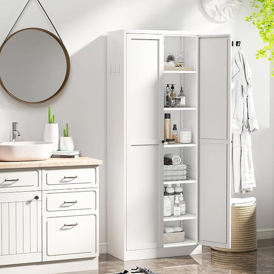 72" H White Metal Kicthen Pantry Storage Cabinet 6-Tier Cupboard | Storage Cabinet with 5 Adjustable Shelves for Kitchen, Living Room, Heavy Duty Utility Cabinet, Assembly Require