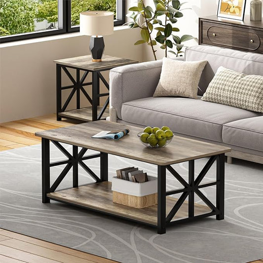 GreenForest Round Corners Coffee Table for Living Room | armhouse Style Center Table with Storage Shelf,39 Inch Space Saving Sofa Table,Easy Assembly,Gray Wash