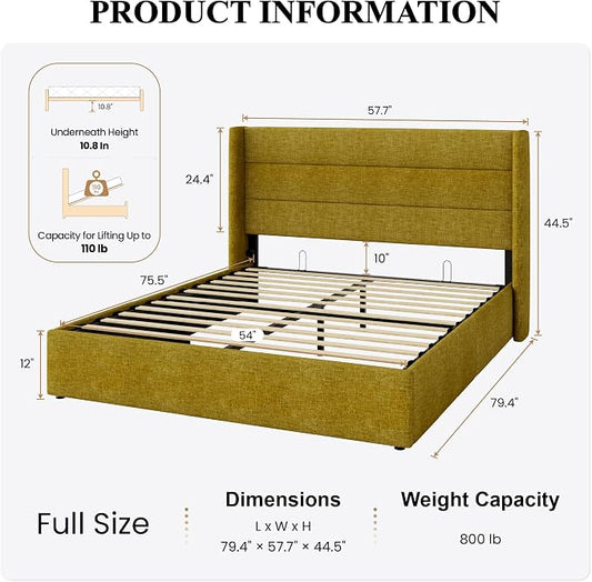SHA CERLIN Full Size Lift Up Storage Bed/Modern Wingback Headboard/Upholstered Platform Bed Frame/Hydraulic Storage/No Box Spring Needed/Wood Slats Support/Olive Yellow