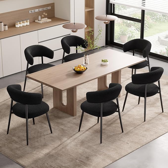 Dining Chairs Set of 2, Mid Century Modern Kitchen Chairs, Boucle Upholstered Dining Chair with Curved Backrest & Metal Legs for Kitchen Dining Room, Black