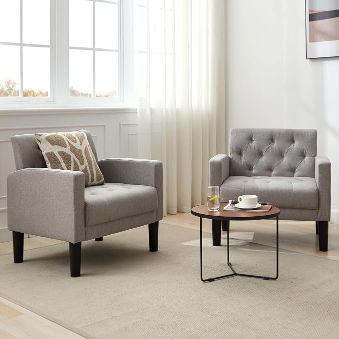 TYBOATLE Accent Chairs Set of 2 Comfy Living Room Chair Tufted Mid Century Modern Accent Chair, Cozy Upholstered Reading Arm Chair for Office, Bedroom (Light Grey, Set of 2)