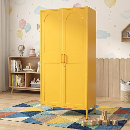 Lockable Yellow Tall Metal Wardrobe 67 Inch, Vintage Arched Door Steel Storage Cabinet with Adjustable Shelves & Leveling Feet for Home Office Bedroom Size:67" H x 31.5" W x 18.1" D