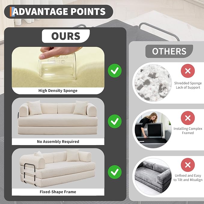 IDEALHOUSE 4 in 1 Convertible Sleeper Sofa Bed Couch, 79 Inch Boneless Corduroy Floor Couch with Pillows, No Assembly, Modern Deep Seat Sofa Futon Mattress for Living Room,Apartment,Beige