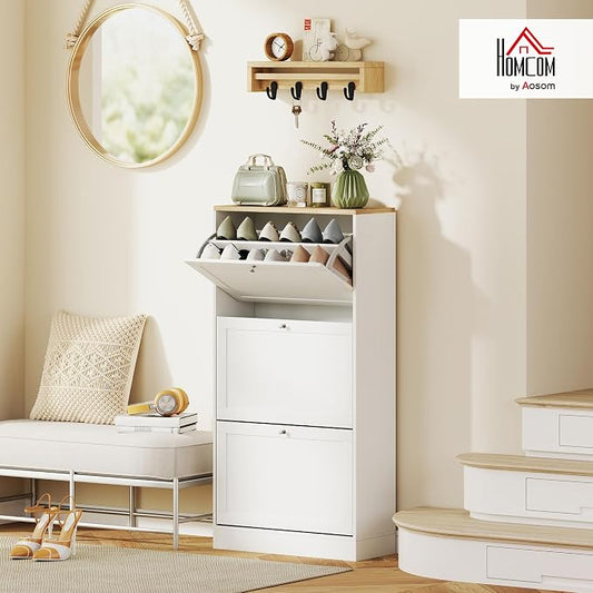 HOMCOM Shoe Storage Cabinet with 3 Flip Drawers, Wooden Freestanding Shoe Organizer with Adjustable Shelves for Entryway, Hallway, White