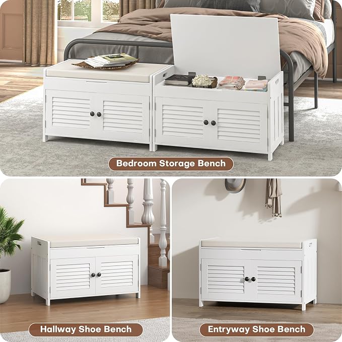 WARMHONIU Shoe Storage Bench with Lift Top Storage, Entryway Bench with Cushioned Seat, Adjustable Shelf, 2 Tier Shoe Rack with Doors for Entryway, Bedroom, Hallway, Mudroom, White