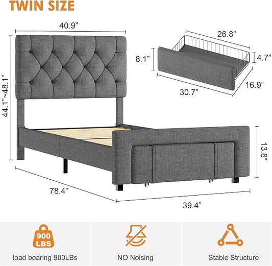 GarveeHome Twin Size Bed Frame, Upholstered Platform Bed Frame with Storage Drawers, Mattress Foundation with Solid Wooden Slats Support, No Box Spring Needed, Grey