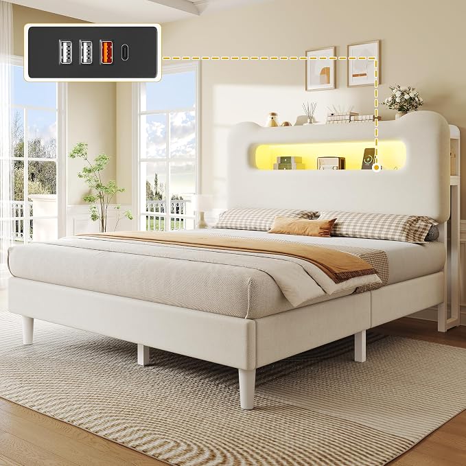 DWVO Full Size Bed Frame, Boucle Upholstered Bed with Storage Headboard, LED Bed with USB & Outlet, No Box Spring Needed, Cream