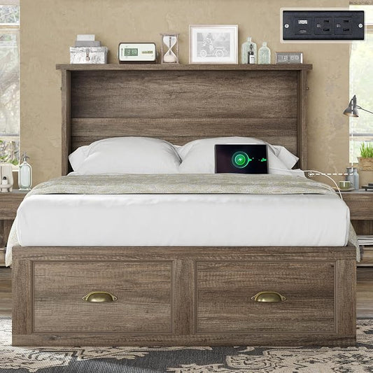 AMERLIFE Twin Size Murphy Bed, Farmhouse Wooden Cabinet with Charging Station and Storage Drawer for Bedroom/Office/Guest Room, Grey Oak