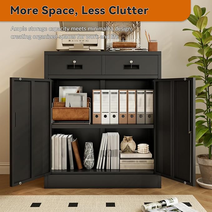 BESFUR Metal Storage Cabinet, Garage Storage Cabinet with 2 Drawers and Adjustable Shelf, Locking Short Storage Cabinet for Office Garage Home, Black Metal Cabinets(36" H x 31.5" W x 16" D)
