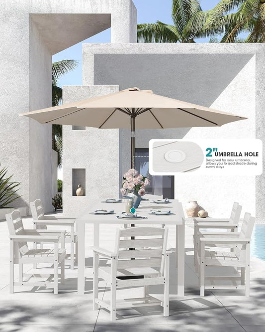 SERWALL 10-Piece Patio Dining Sets with 15FT Patio Umbrella, White | 60" - 83" Expandable Outdoor Dining Table and 8 HDPE Chairs, All Weather HDPE Outdoor Furniture Set