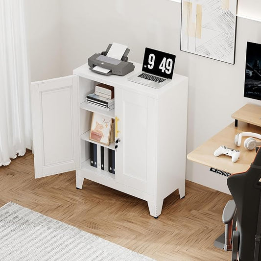 White Metal Storage Cabinet, 36" Tall Locking Storage Cabinet with 2 Adjustable Shelves, Steel Locker Organizer, for Office, Home, School