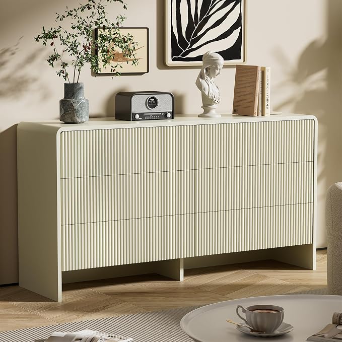 Furniway Bedroom Dresser Set 3 Piece, 6 Drawer Curved Dresser with 2 Nightstands, Modern Fluted Wood Storage Cabinet, White Chest of Drawers with Pop-Up Design, Beige
