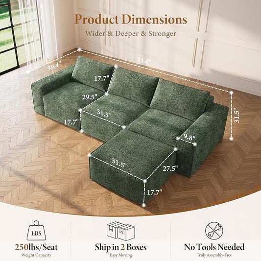 Vesgantti 114" Modular Boneless Couch, Modern 3 Seater Sectional Sofa with Ottoman & Deep Seat, Convertible Chenille L Shaped Cloud Couches for Living Room, No Assembly Required, Green