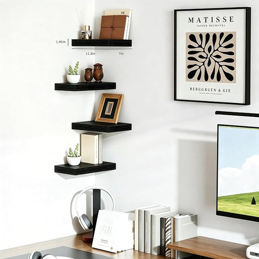 Black Floating Shelves for Wall, Set of 4 Wooden Wall Mounted Shelves for Bathroom Over Toilet, Bedroom, Kitchen, Living Room & Office, Hanging Storage and Wall Decor, 12"x7"x1.5"
