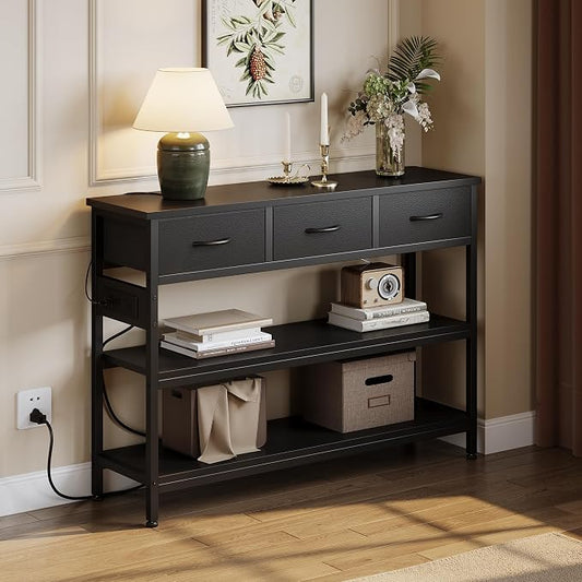 Lulive 2 Pack Entryway Table with Outlets, 3 Fabric Drawers, 43in | 43.3"W x 11.8"D entry table with 2 outlets, 2 USB ports, swappable plug side, adjustable feet and anti-tip kit.