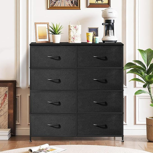 8-Drawer Dresser for Bedroom, Anti-Tip Tall Storage Organizer Chest of Drawers with Wooden Top and Metal Frame Fabric Bins for Closet, Living Room, Hallway, Entryway, Black