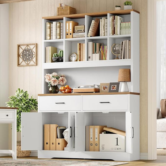 TEENFON Storage Cabinet with Doors and Drawers, Pantry Cabinets, 5 Tier Floor Standing Bookshelves, Bookshelf and Bookcase, 8 Open Storage Shelves and Printer Stand for Study, Living Room, Office