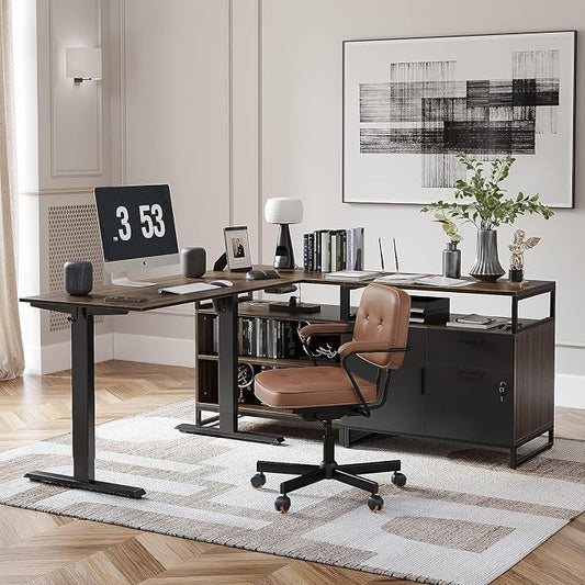 FEZIBO 66 Inch L Shaped Standing Desk with Drawers & Shelves, Executive Table Adjustable Height, Black Walnut Top/Black Frame