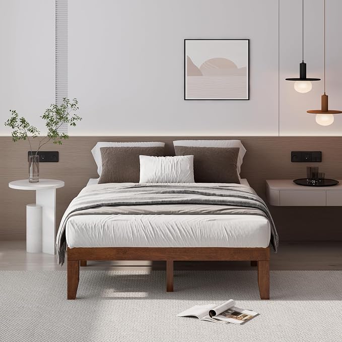 Giantex 14 Inch Full Platform Bed Frame, Minimalist Style Mattress Foundation with Solid Rubber Wood, Heavy Duty Wood Slat Support, Without Headboard, Easy Assembly, No Box Spring Needed,Walnut