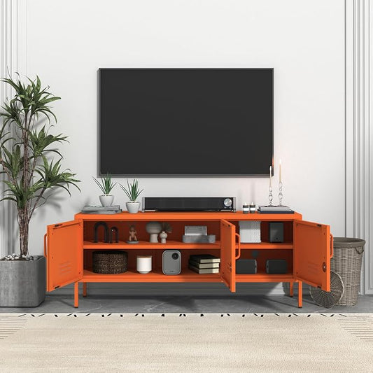 3 Door TV Standwith Storage Locke Metal TV Cabinet with 2-Tier Multi-Purpose Lockable Wide Storage Cabinet, Media Console Table with Metal Legs for Living Room, Bedroom,Office,Orange