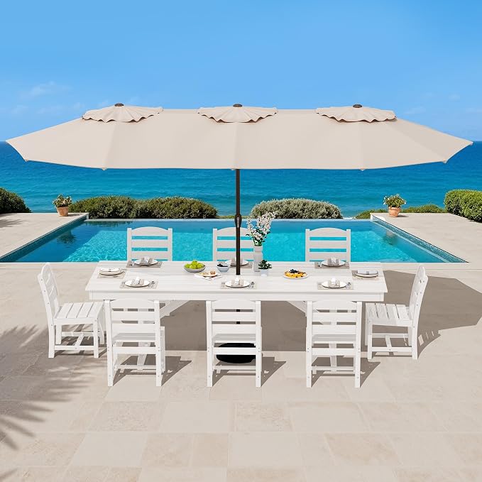 SERWALL 9 Piece 84" HDPE Outdoor Dining Set for 8 with Armless Chairs and Umbrelle Hole, White