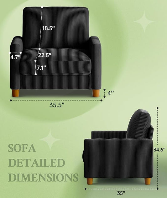 Welzona 35.3" Couches for Living Room, Comfy Black Couch Single with 22.5" Deeper Seat, Accent Chair Tool-Free Setup, Reading Chair 440lbs Support, Corduroy Couch for Bedroom, Apartment, Office