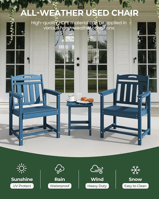 Set of 2 Weatherproof Patio Chairs - HDPE Outdoor Dining Chairs with Wide Seat, Ergonomic Design - for Garden, Backyard, Deck - Navy Blue