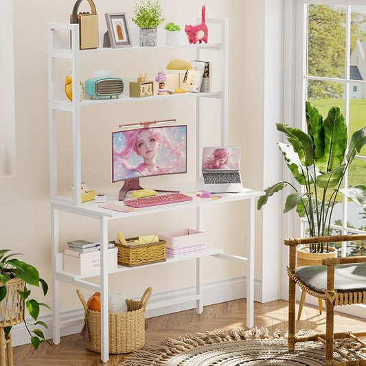 Aquzee Computer Desk with Hutch, 40“W x 19.6" D Desk with Shelves, Tall Home Office Desk with Bookshelf, Metal Legs Study Table with Upper Storage Shelf for Study Writing/Workstation, White