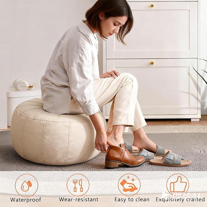 Thgonwid Unstuffed Moroccan Storage Pouf Foot Stool Ottoman Seat, No Filler Included, Handmade Faux Leather Bean Bag Floor Chair Foot Rest for Living Room, Bedroom or Balcony, Ivory White