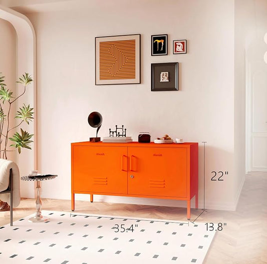 Wide Lockable Metal TV Stand with Accent Cabinet Locker, Heavy Duty Entertainment Center for Bedroom, Adjustable Shelves & 2 Doors, Multifunctional Storage Cabinet for Home 22"H X 35.4"W X 13.8"D
