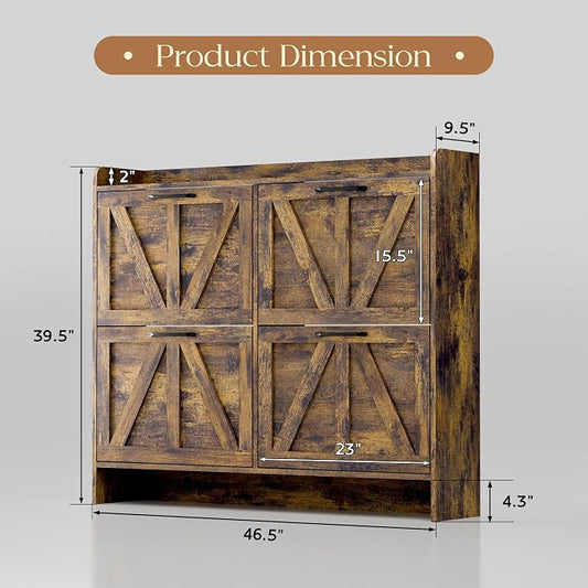 MU Shoe Storage Cabinet with 4 Flip Drawers, Freestanding Shoe Cabinet, Shoe Organizer with Wood Legs for Entryway, Slim Shoe Cabinet, Rustic