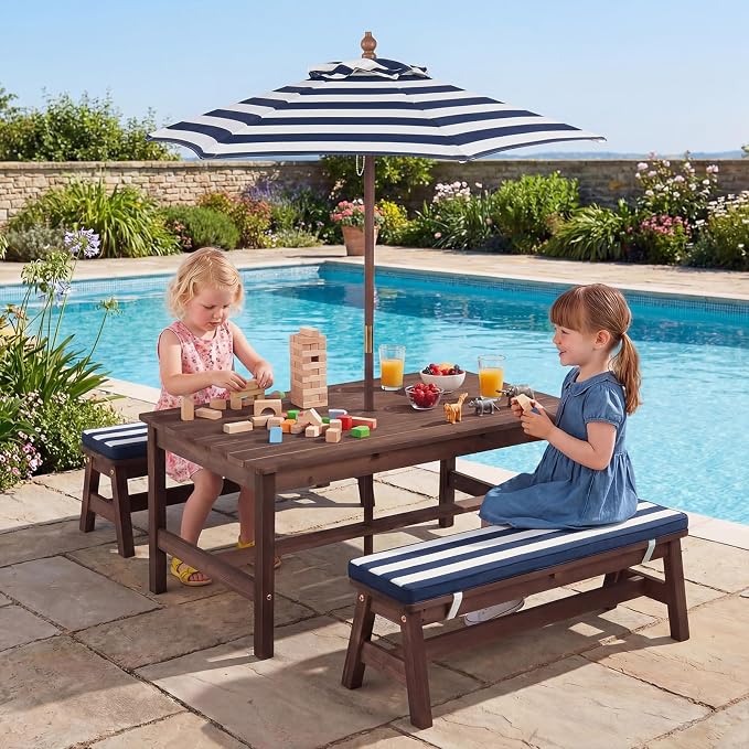 Costzon Kids Picnic Table, Fir Wood Toddler Outdoor Table & Bench Set w/Removable Umbrella & Cushions, Stripe Fabric, Kids Outdoor Furniture for Patio Backyard Garden, Fits 4 Children Age 3+ (Blue)