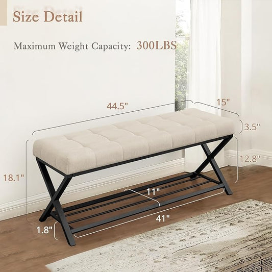 LUE BONA 44.5” End of Bed Bench with Shelf, Linen Tufted Upholstered Storage Shoe Bench, Modern Bedroom Bench with Metal Legs for Living Room, Entryway, Dining Room, 300 LB, Linen Color