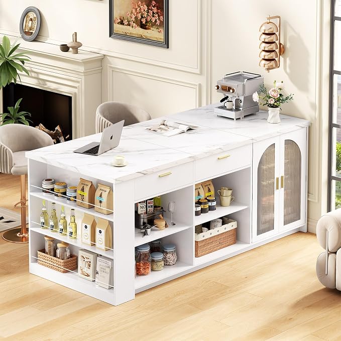 IBF 71" Large Kitchen Island with Storage, White Faux Marble Island table with Seating for 4-6, Stationary Island Cabinet with Drawers & Fridge Space, Modern Wood Counter Height Island Bar, Only Table