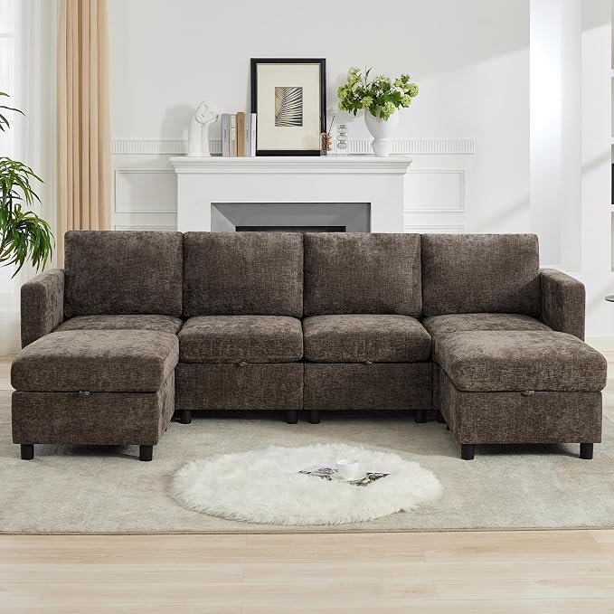 WUTUTUEE 25'' Square Storage Ottoman Module for Modular Sectional Sofa, Living Room Coffee Table Sectional Ottoman Footrest for Convertible Couch, Chenille Brown
