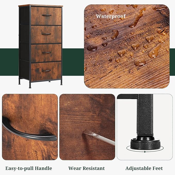 4 Drawers Dresser for Bedroom, Fabric Storage Tower Organizer with Wooden Top and Steel Frame, Tall Chest of Drawers for Closet, Entryway, Dorm, Brown