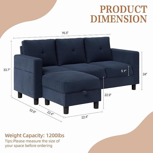 Shintenchi 76" Modern Upholstered Sectional Sofa, L-Shaped Couch with Storage Ottoman and Reversible Chaise for Living Room, Blue Linen Fabric