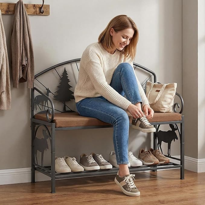 Bluecat 41.3" Entryway Shoe Bench,Rustic Metal with Forest Design, Padded Cushion Shoe Rack Bench for Hallway, Foyer, Cabin, Farmhouse Decor, Easy Assembly