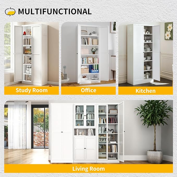 72" Metal Storage Cabinet, Large Capacity Pantry Cabinet with 6-Tier, Kitchen Storage Cabinet with 2 Doors and 5 Adjustable Shelves for Home, Kitchen, Dining, Living Room (White)