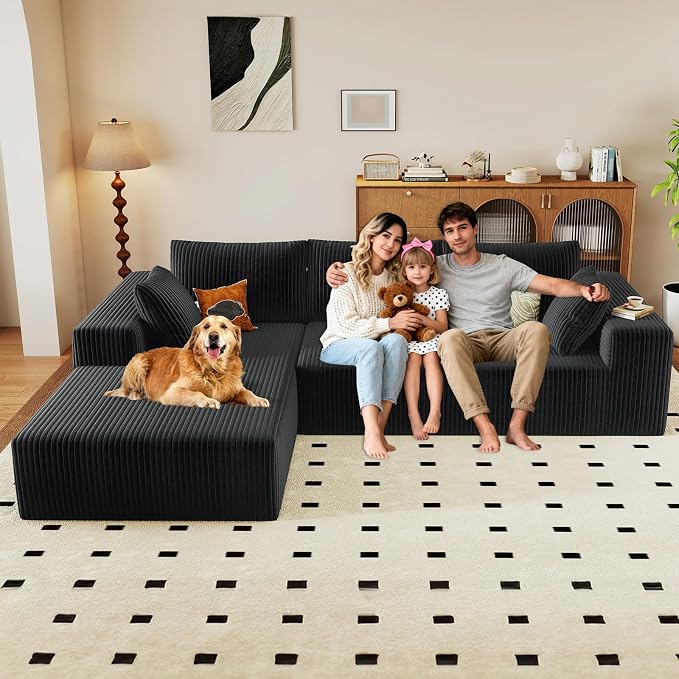 96" Modular Sectional Couch, Boneless L Shaped Cloud Sofa with Chaise Lounge, Corduroy Upholstered Couches Memory Foam Deep Seat, No Assembly Required, Ideal for Living Room(Black, Left Facing)